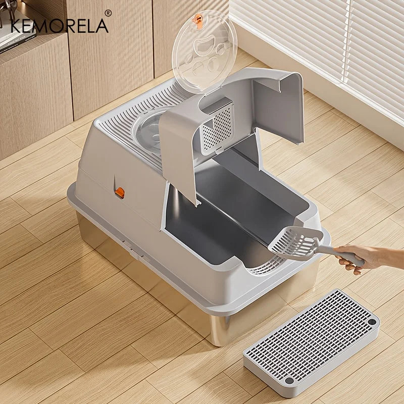 KEMORELA XL Stainless Steel Cat Litter Box – High-Sided + Scoop Cat Litter Box Axl