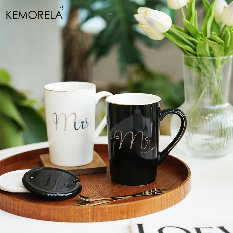 Golden Ceramic Coffee Mug Set with Lids & Spoons 400ml | 2-Pack Ceramic Mug Set Axl