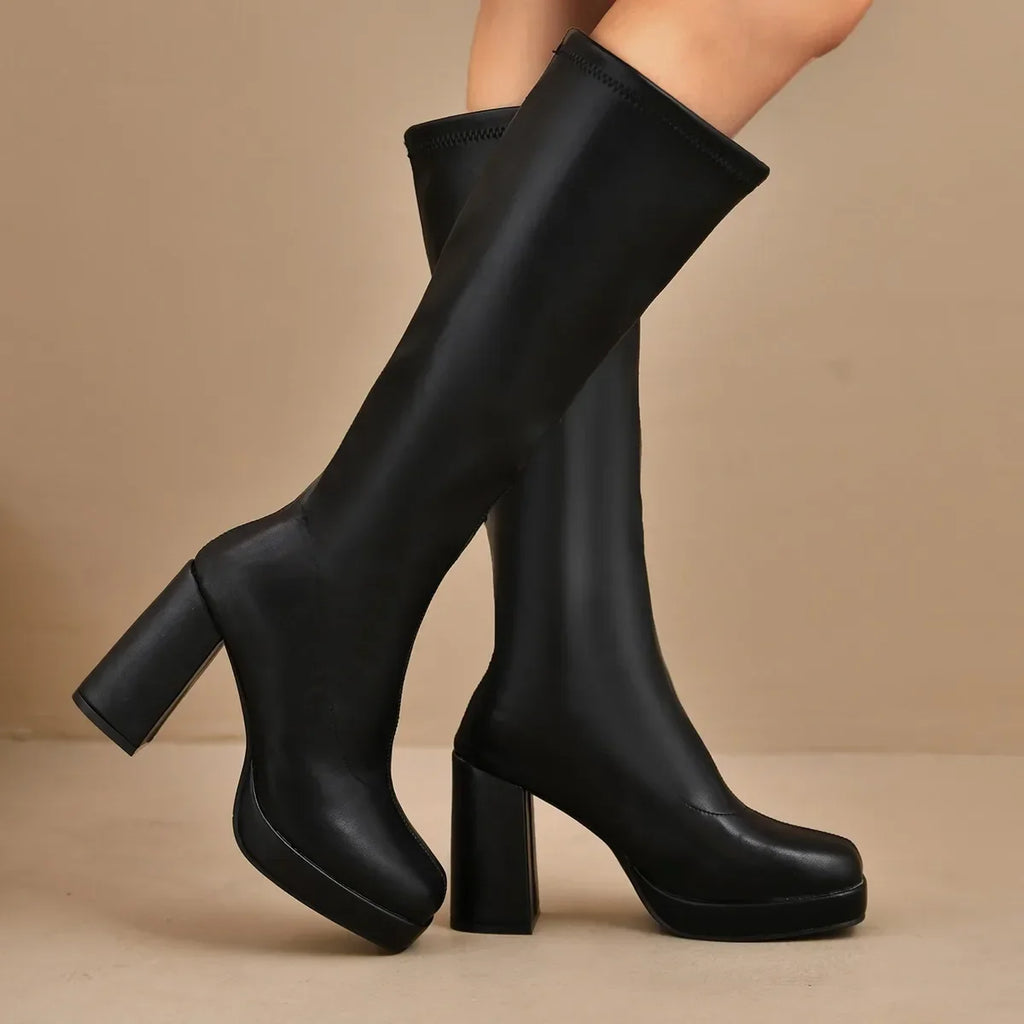 Women's Knee-High Square Toe Block Heel Winter Boots Knee-High Boots Axl