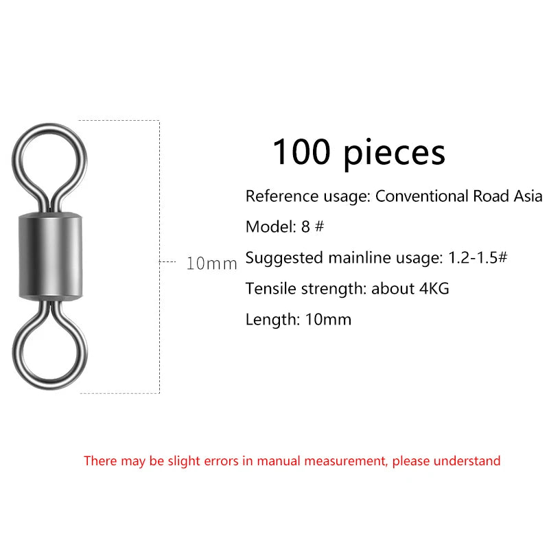 100 Pcs Stainless Steel Rolling Fishing Swivels | Line Connector Fishing Swivels Axl Size 8 100Pcs