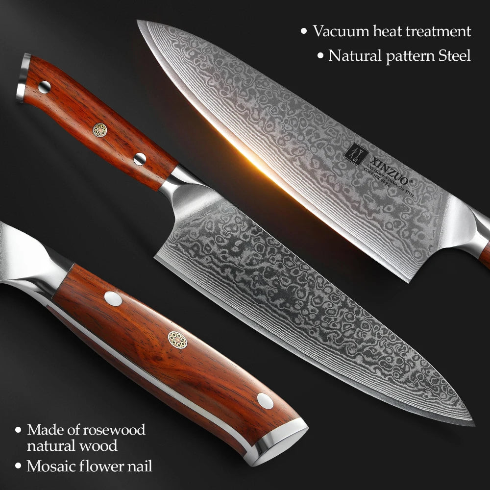 XINZUO 7-Pc VG10 Damascus Steel Knife Set | Rosewood Handle Damascus Knife Set Axl