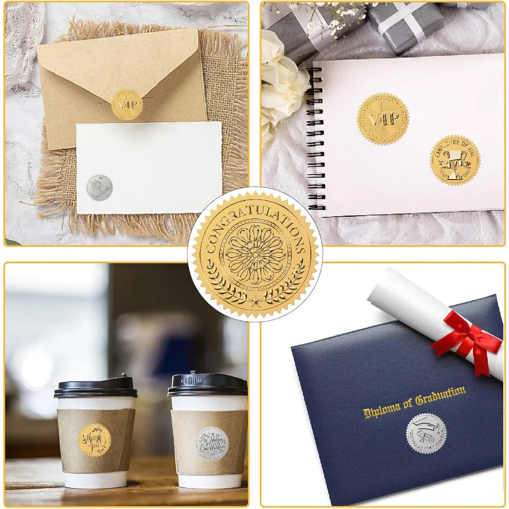 Gold Foil Congratulations Stickers – 100pc Embossed Round Seals Decorative Sticker Seals Axl
