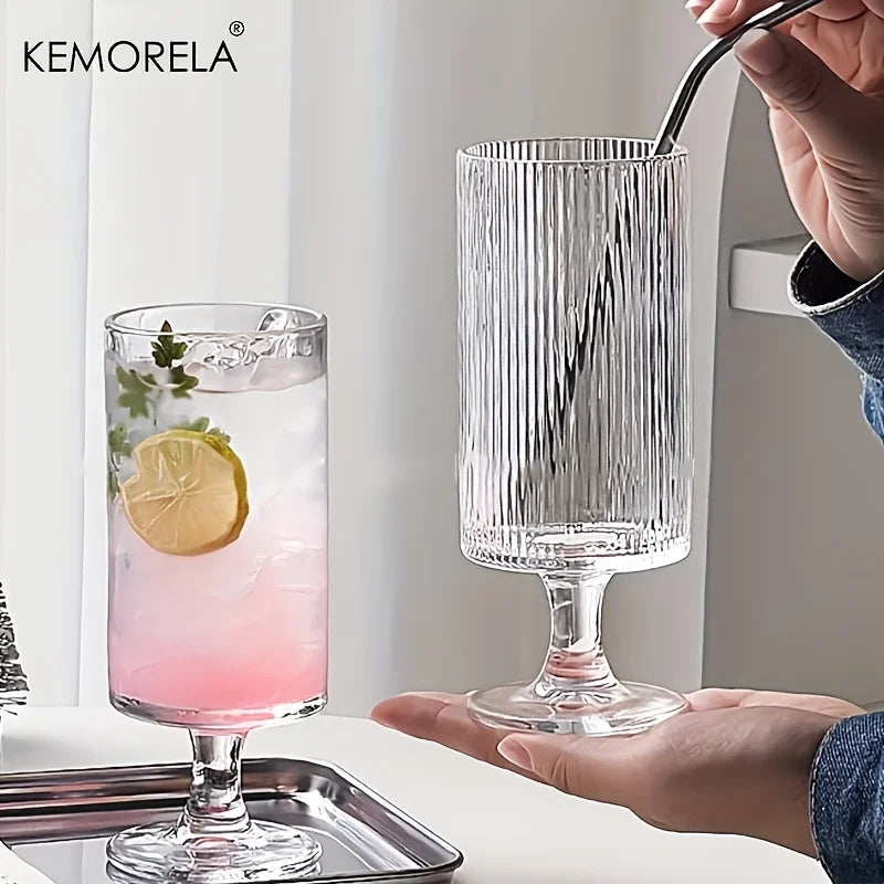 KEMORELA High-Foot Striped Glass Cup – Coffee, Wine & Juice Stemmed Glass Cup Axl