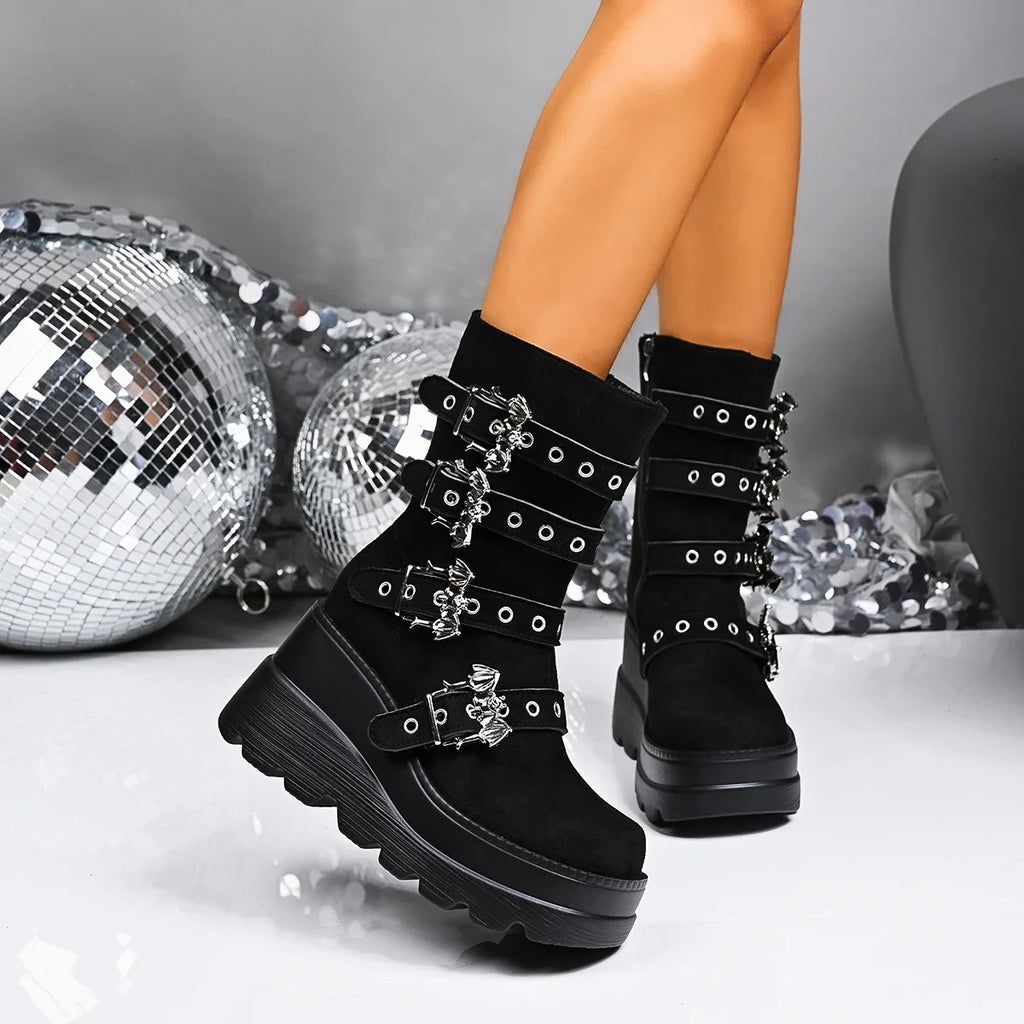 Women's Gothic Wedge Mid-Calf Boots | Winter Slip-On Style Women's Mid-Calf Boots Axl