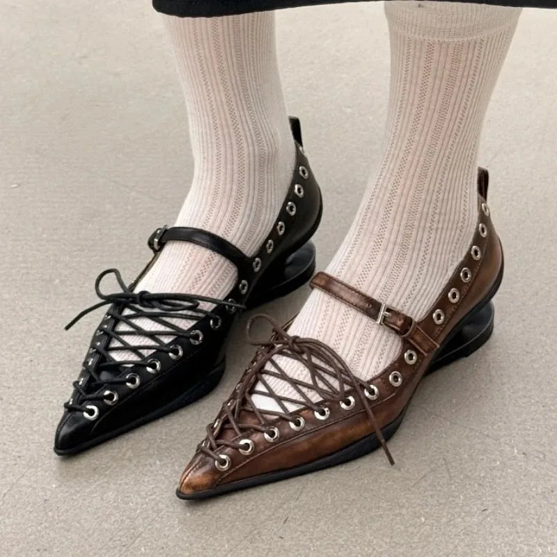 Women's Retro Pointed Toe Lace-Up Pumps | Rivet Buckle Heels Women's Pumps Axl