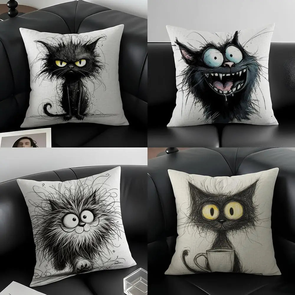 Whimsical Cat Linen Cushion Cover – Sofa, Bed & Chair Decor Decorative Cushion Cover Axl