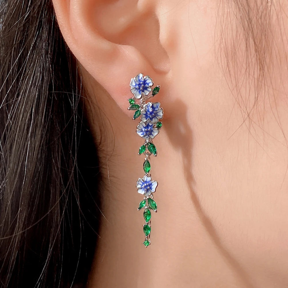Huitan Vintage Enamel Blue Flower Dangle Earrings Women Dangle Drop Earrings Axl E2014