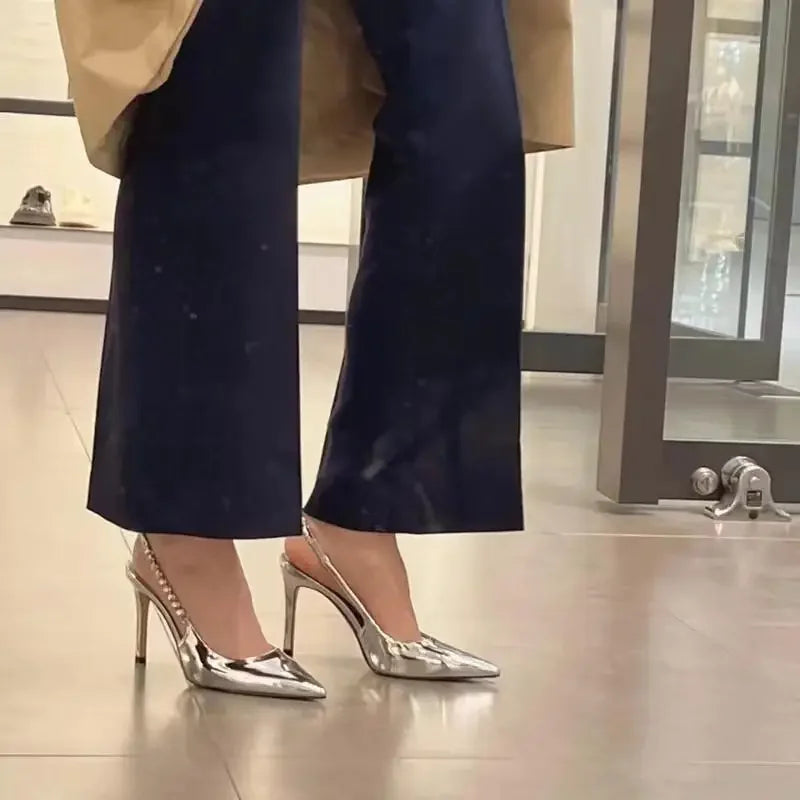 Women's Crystal Slingback Heels – Pointed Toe Metallic Pumps Slingback Heel Pumps Axl Silver 9CM 39