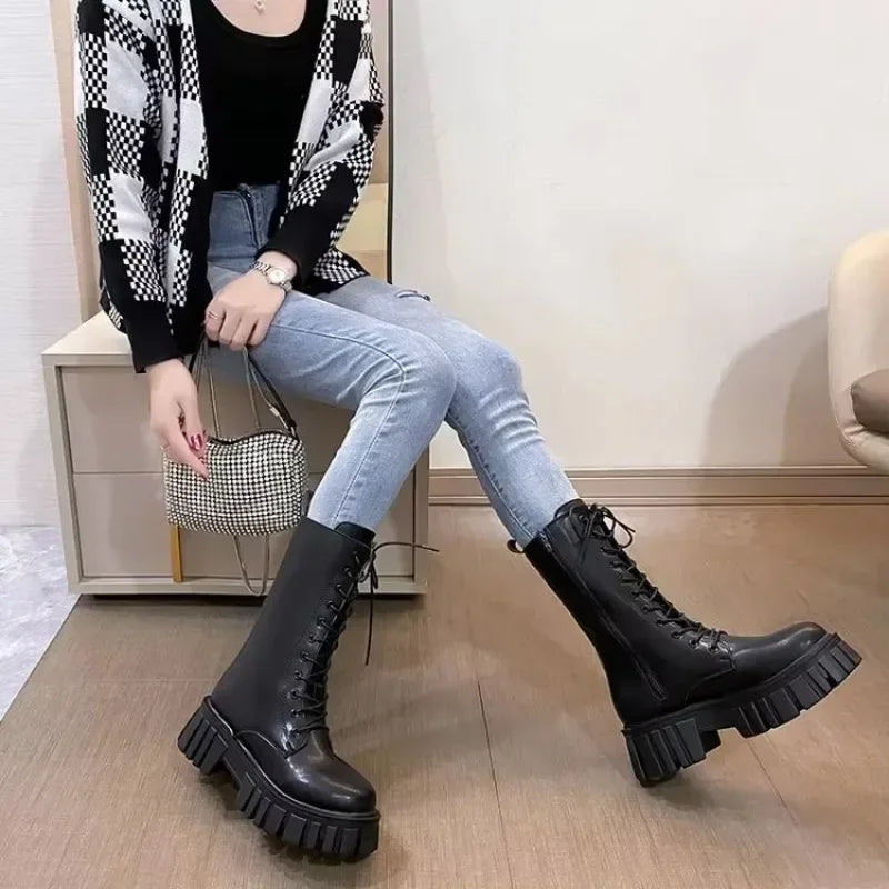 Women's Mid-Calf Winter Boots – British Lace-Up Thick Sole Mid-Calf Winter Boots Axl