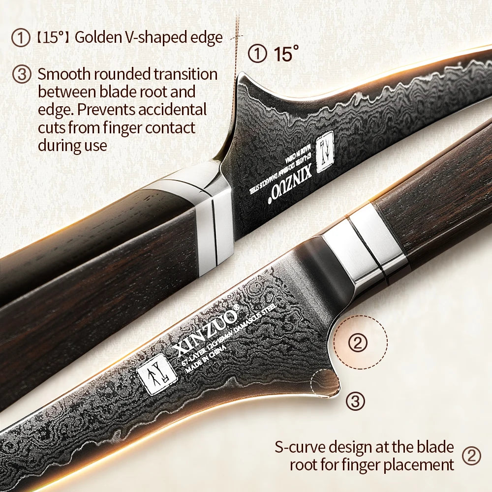 XINZUO 7.2" Damascus Steel Fillet Knife – Ebony Wood Handle Damascus Fillet Knife Axl