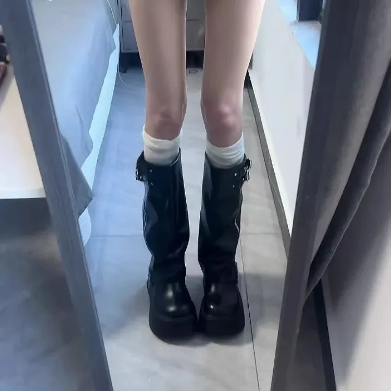 Women's Platform Knee-High Boots – Buckle Zip Winter Knee-High Boots Axl