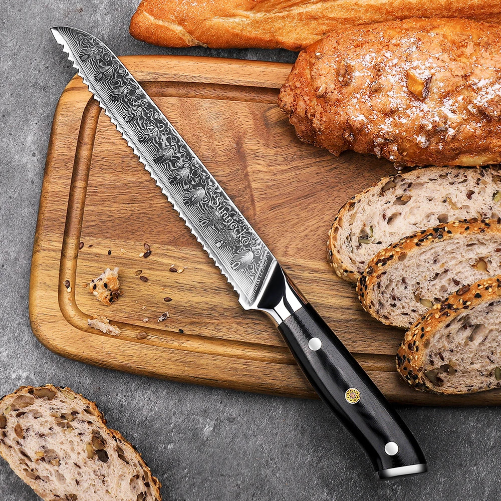 Sunnecko 8" Damascus Steel Bread Knife – 73-Layer VG10 Serrated Serrated Bread Knife Axl