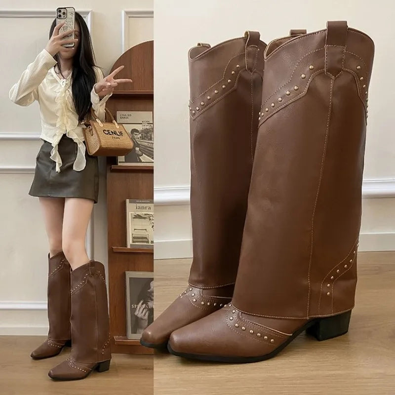 Women's Western Cowgirl Boots – Slip-On Square Heel Knee-High Western Cowgirl Boots Axl