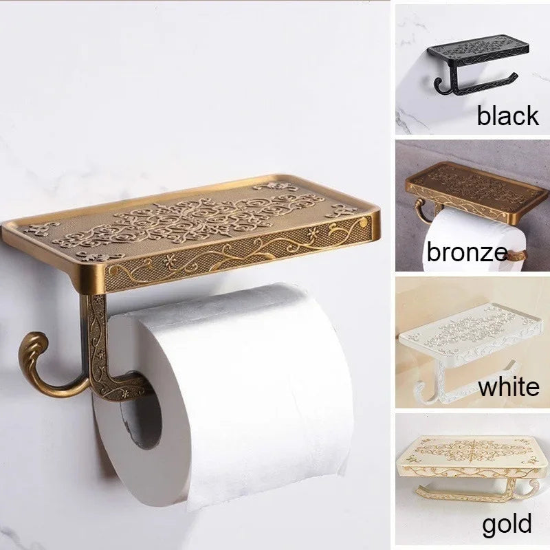 Wall-Mounted Toilet Paper Holder with Phone Shelf | Retro Brass Toilet Paper Holder Axl