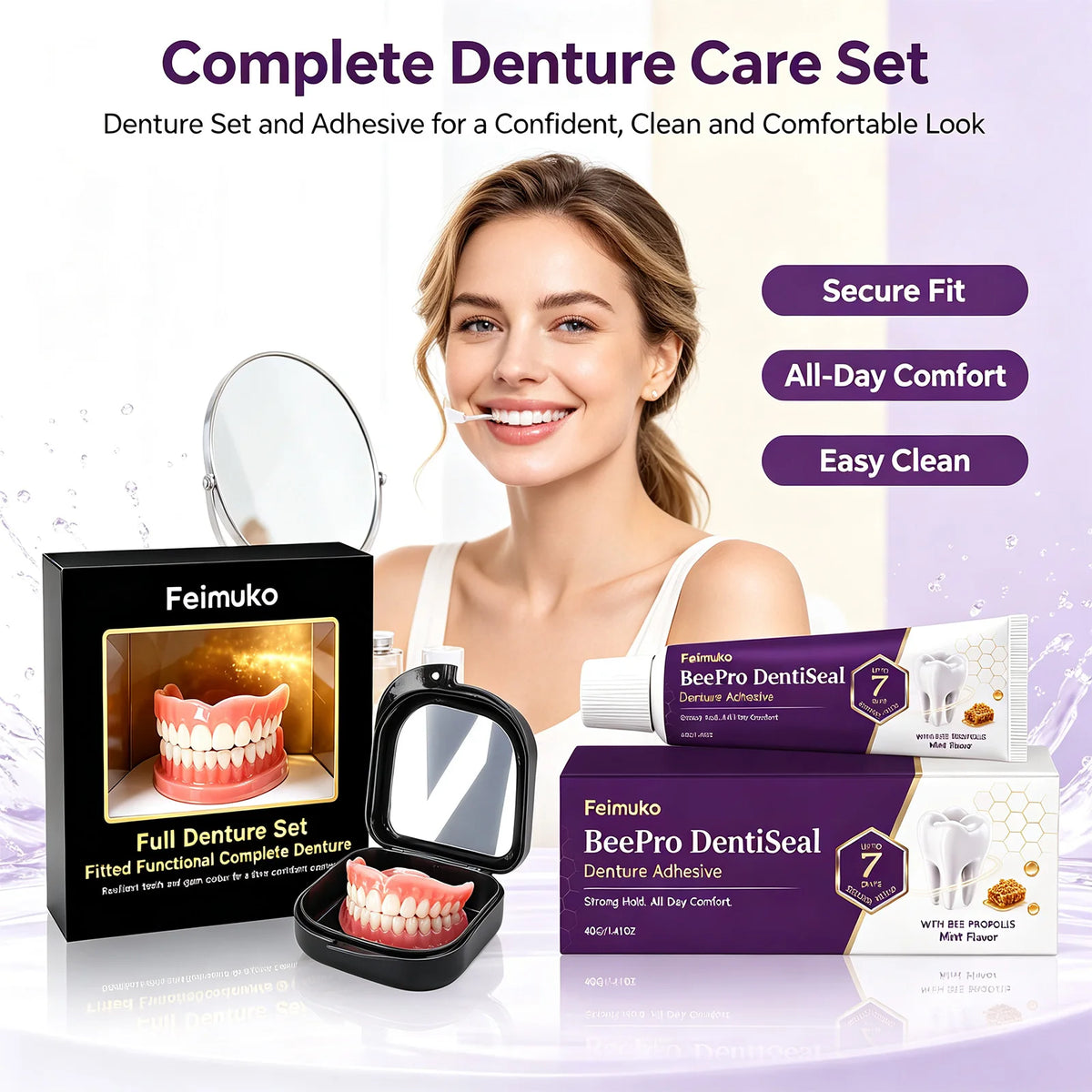 Full Set Silicone Dentures + Propolis Adhesive Cream | Natural Fit Denture Set Axl