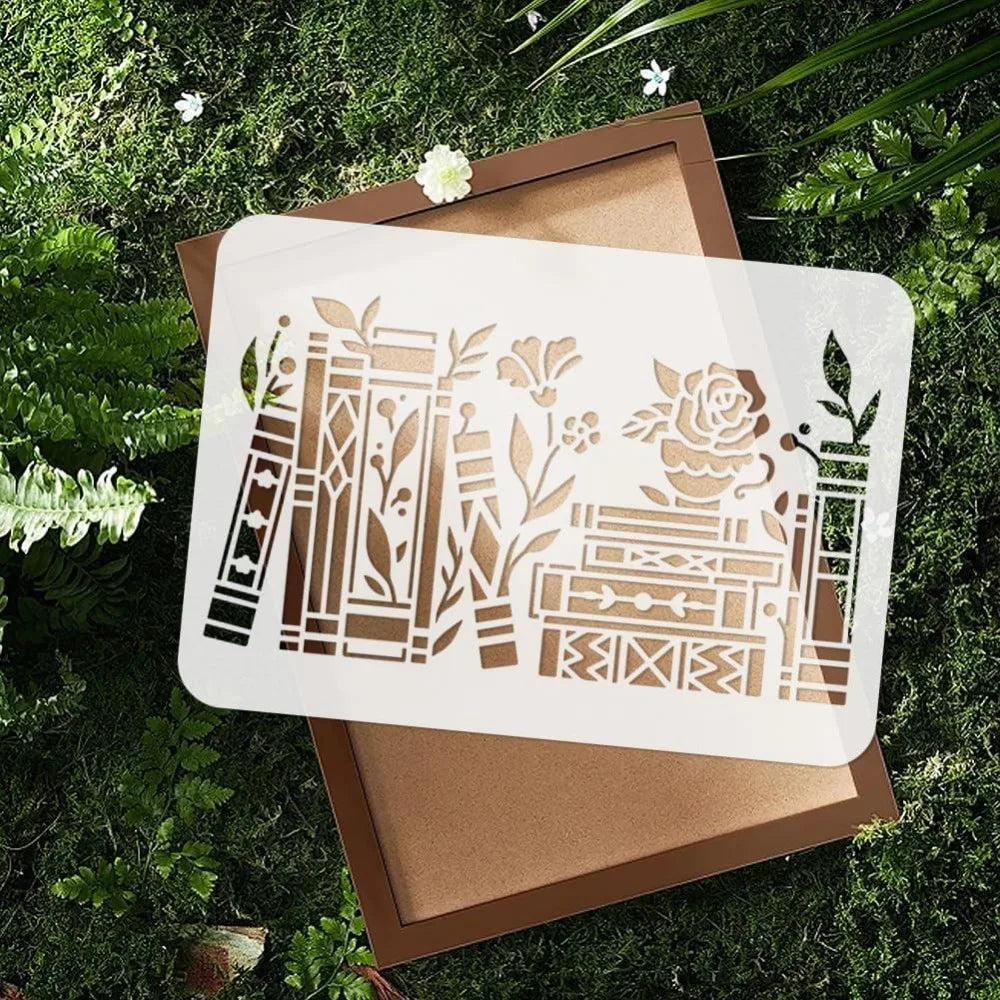 Book & Plants Wall Stencil – Reusable 11.69"x8.27" Template Reusable Craft Stencil Axl