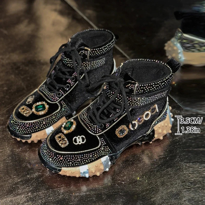 Women's Rhinestone High-Top Sneaker Boots | Thick Sole Lace-Up High-Top Sneaker Boots Axl black 39
