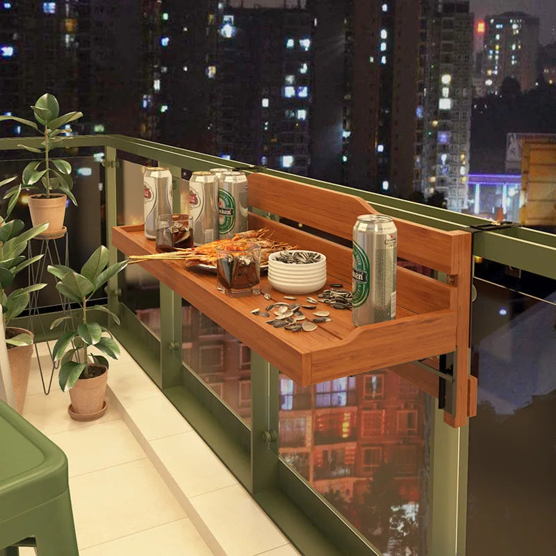 Foldable Balcony Railing Table & Flower Pot Rack – Wood Balcony Plant Stand Axl