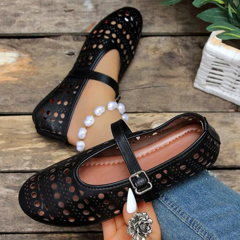 Women's Mary Jane Flats – Hollow Cutout Buckle Strap Round Toe Mary Jane Flats Axl