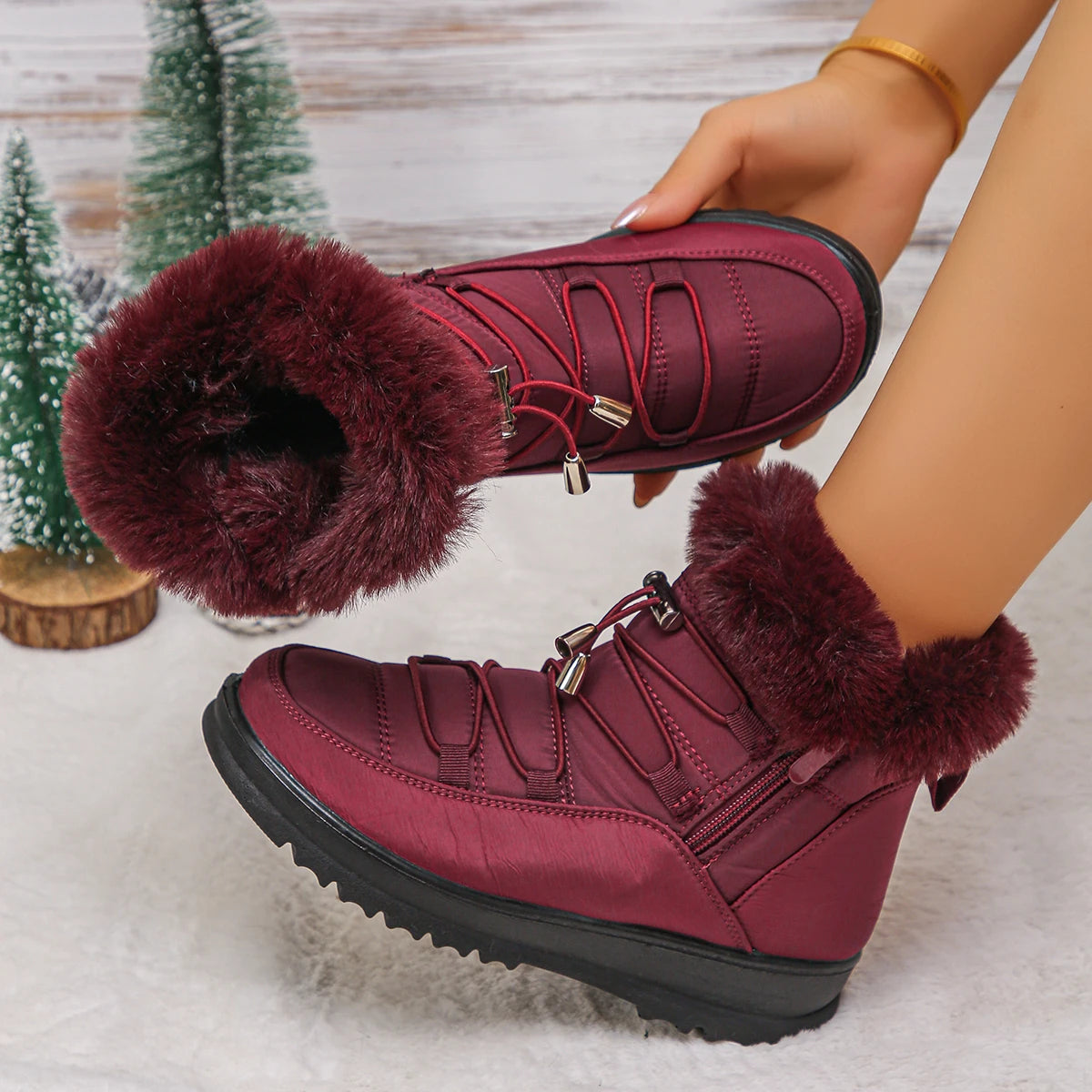 Women's Waterproof Faux Fur Ankle Snow Boots | Non-Slip Wedge Women's Snow Boots Axl red 42