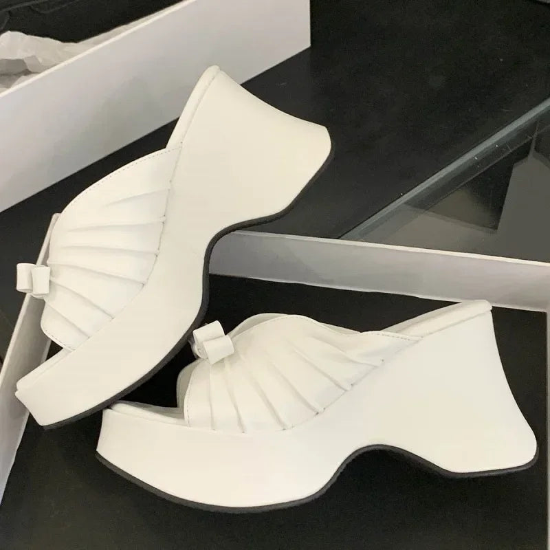 Women's Platform Wedge Sandals – Butterfly-Knot Open Toe Platform Wedge Sandals Axl White 35