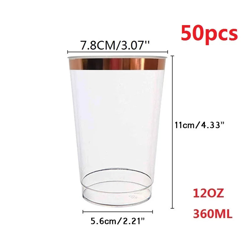 Gold Rim Disposable Plastic Cups 25/50 Pack – Party & Wedding Disposable Party Cups Axl 50 Rose 12OZ
