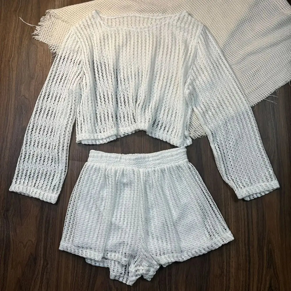 3-Piece Crochet Knit Swimsuit Set | Long Sleeve Beach Cover Up Swimsuit Cover Up Set Axl