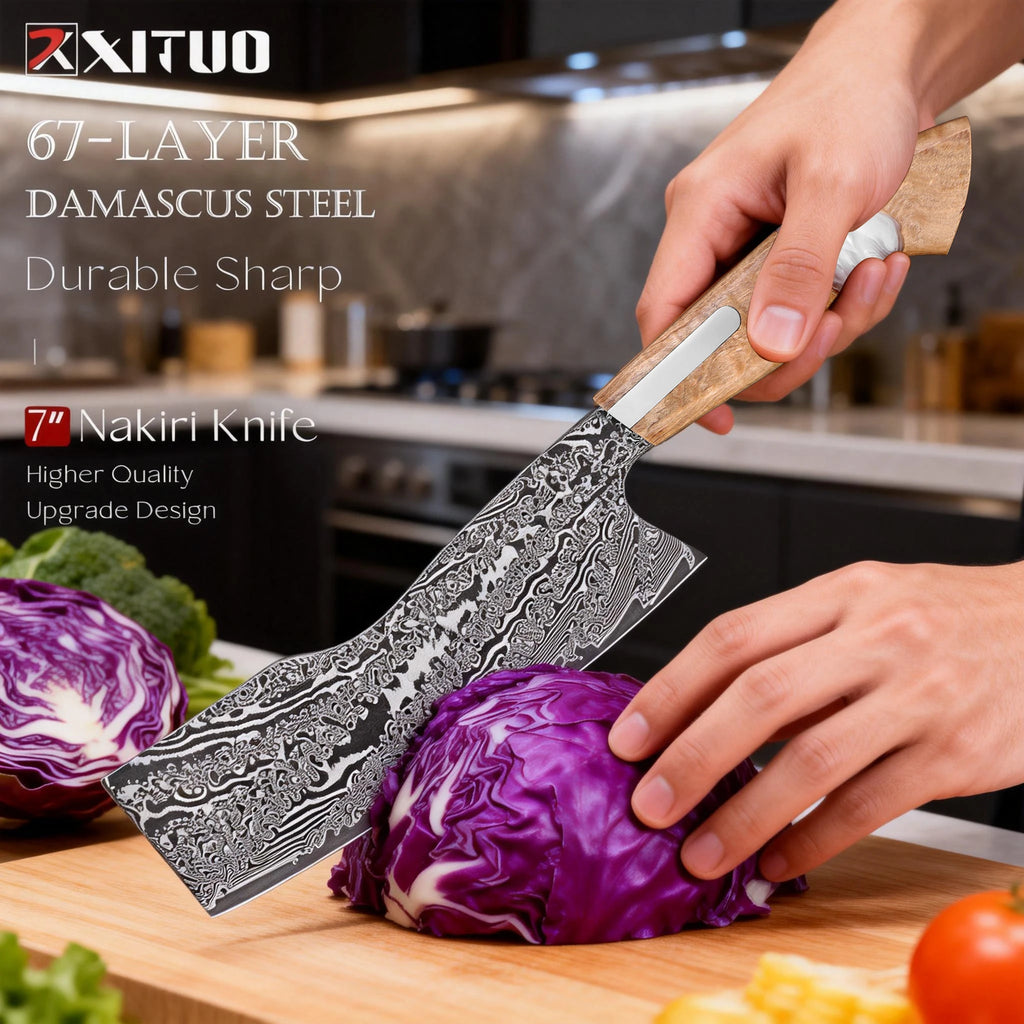 XITUO 7" Japanese Nakiri Knife – Damascus Steel Vegetable Cleaver Nakiri Kitchen Knife Axl