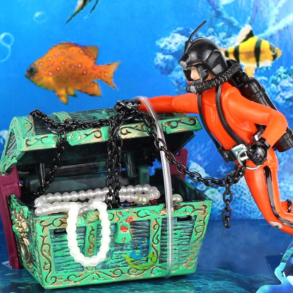 Aquarium Diver & Treasure Chest Fish Tank Ornament Decoration Aquarium Ornament Axl