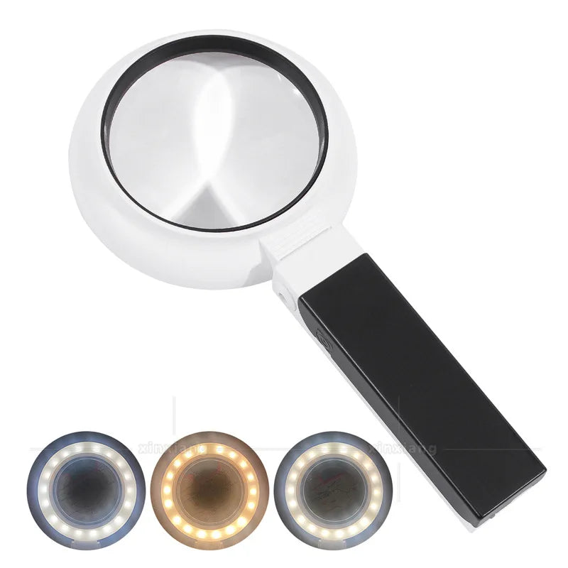 Rechargeable Magnifier 6X 8X 16X with Tri-Color LED – Handheld LED Magnifying Glass Axl Battery version 65mm