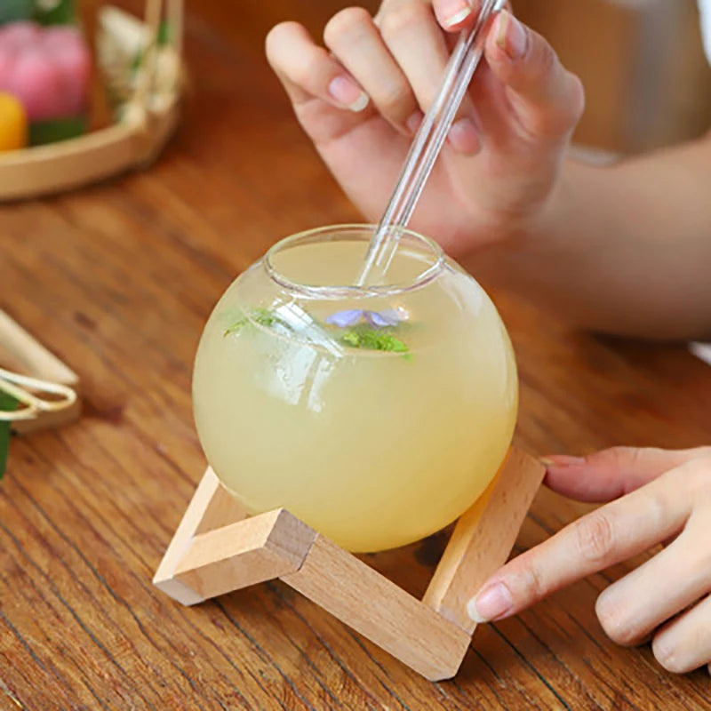 Round Ball Cocktail Glass with Wood Stand | Creative Bar Tumbler Cocktail Glass Axl