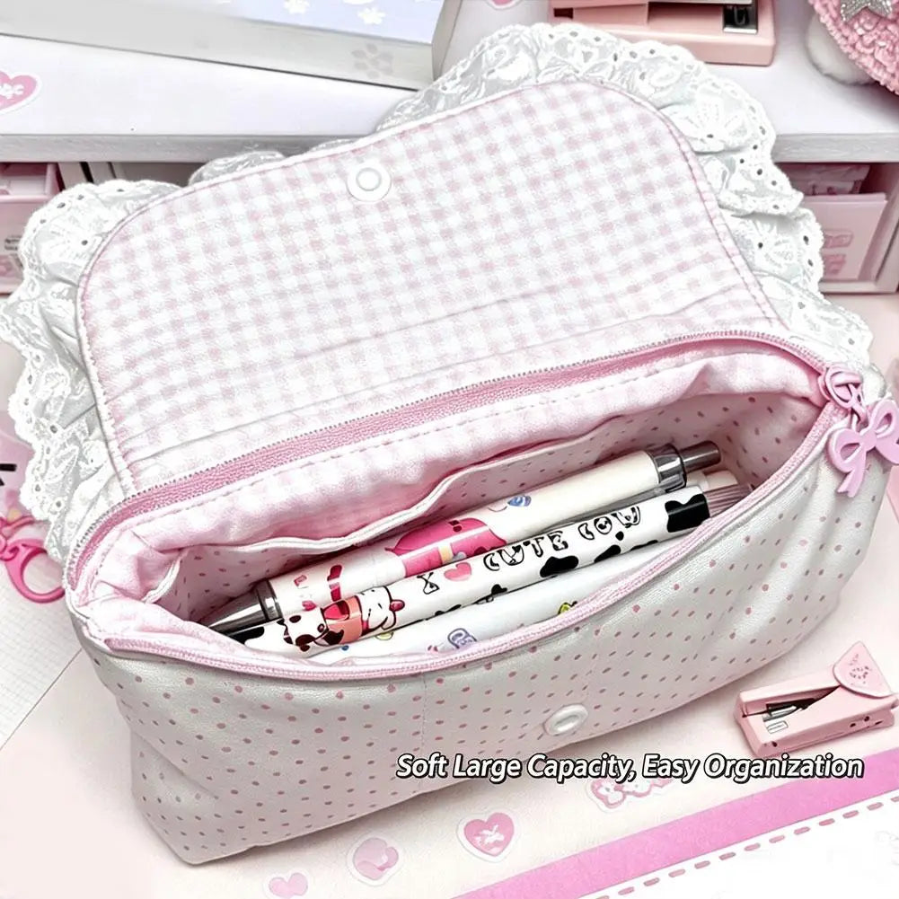 Pink Lace Pencil Case | Large Capacity Polka Dot Pen Bag Pencil Case Axl
