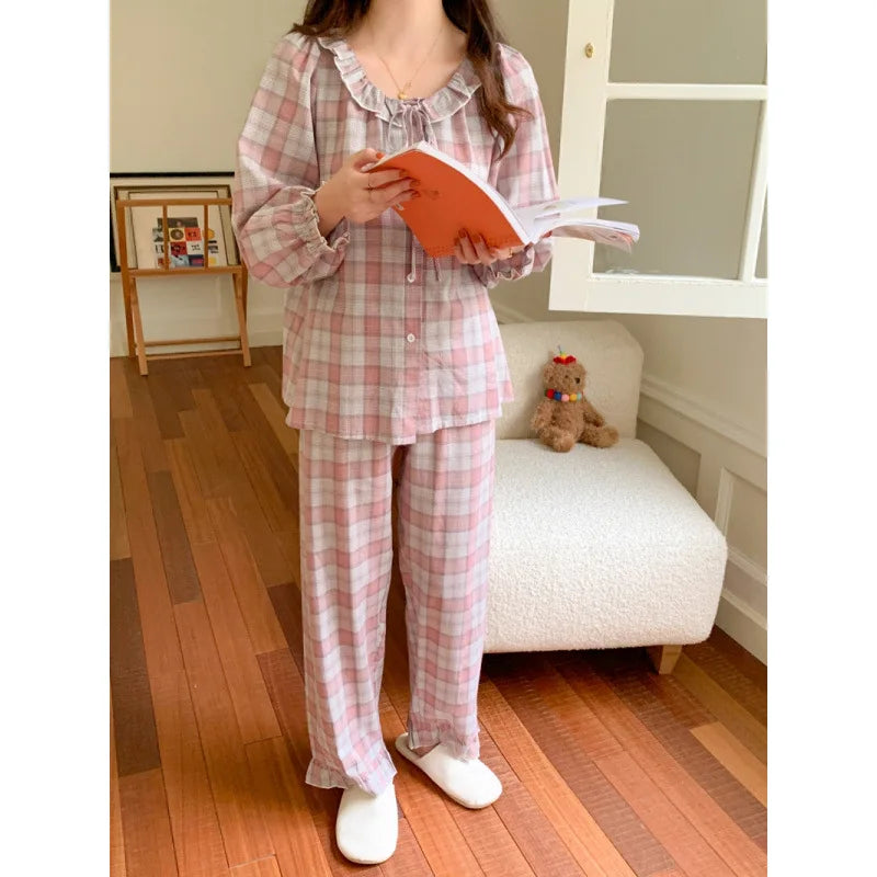 Women's Plaid Pajama Set – Long Sleeve 2-Piece Sleepwear Women's Pajama Set Axl pink -2 One Size