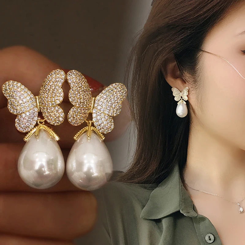 Huitan Butterfly Pearl Drop Earrings – Silver & Gold Tone Pearl Drop Earrings Axl