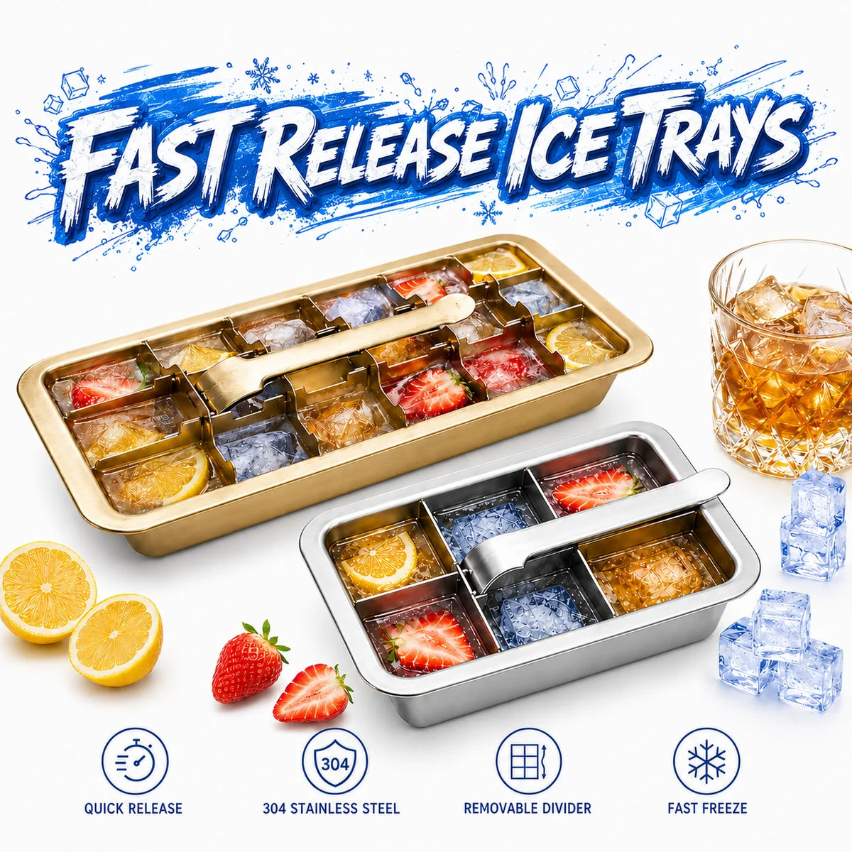 Stainless Steel Ice Cube Tray with Lever Release – 6 & 18 Cavity Ice Cube Tray Axl