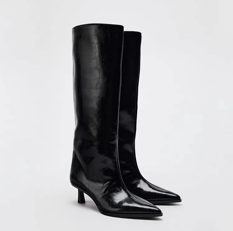 Women's Knee-High Wedge Boots – Pointed Toe Slip-On 5cm Heel Knee-High Boots Axl Black 35