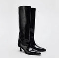 Women's Knee-High Wedge Boots – Pointed Toe Slip-On 5cm Heel Knee-High Boots Axl Black 35