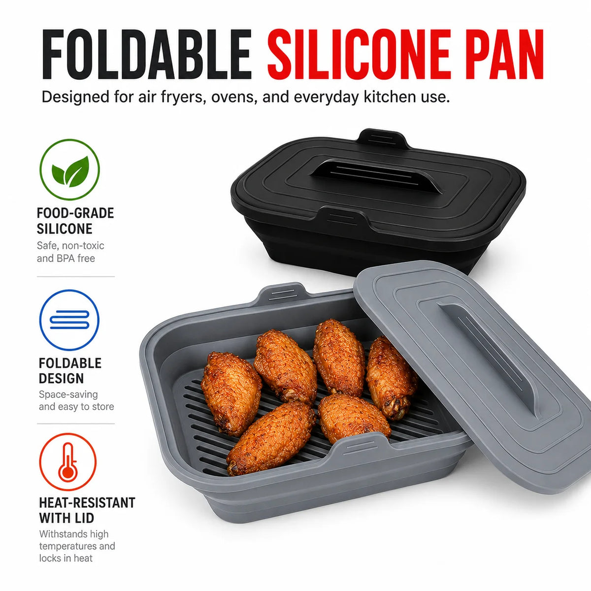 Foldable Silicone Air Fryer Basket with Lid | Reusable Baking Pan Silicone Baking Pan Axl