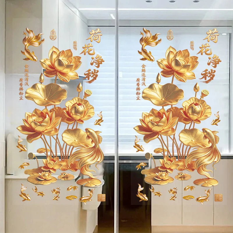 3D Koi & Golden Lotus Glass Door Sticker | Chinese PVC Decal Glass Door Decal Axl