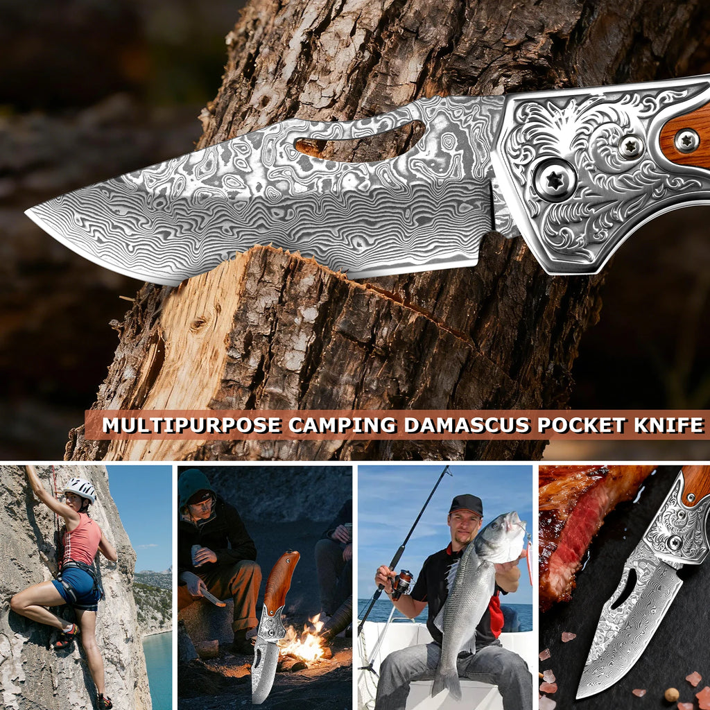 67-Layer Damascus Folding Pocket Knife – Wood Handle EDC Damascus Folding Knife Axl