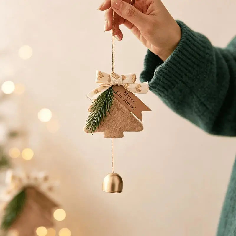 Plush Christmas Tree Ornament with Bow & Brass Bells | Xmas Décor Christmas Ornament Axl A3