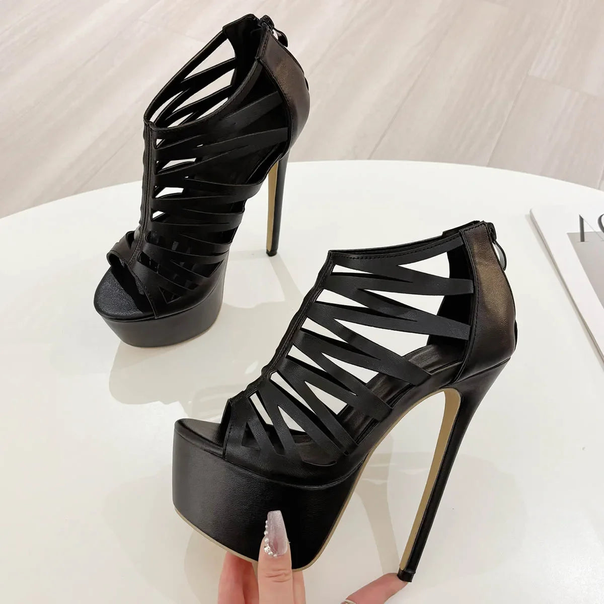 Women's Stiletto Platform Sandals – Peep Toe Zipper High Heels Stiletto Platform Sandals Axl Black 35