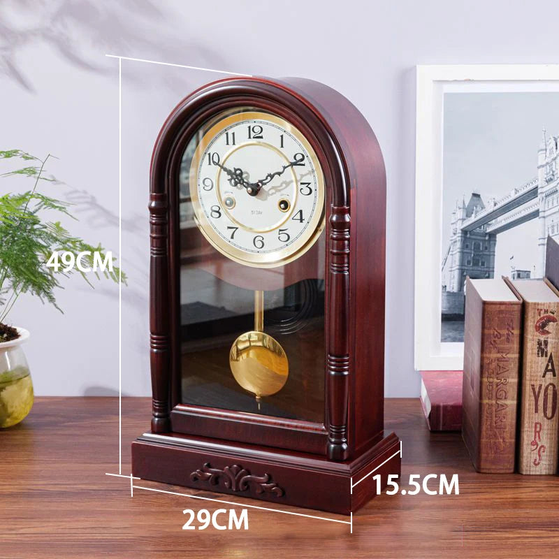 Vintage Mechanical Desk Clock – Solid Wood Pendulum Chiming Mechanical Desk Clock Axl Large-Number Dial