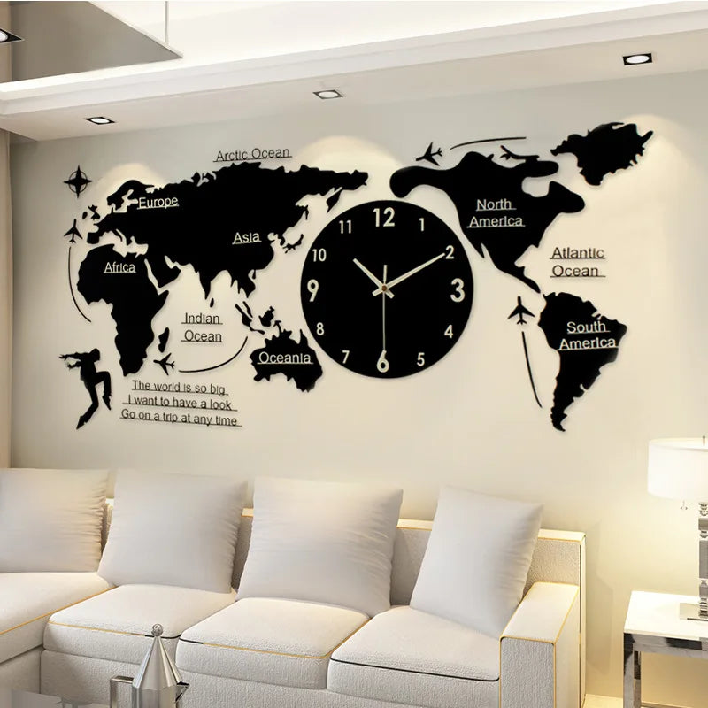 Large 3D World Map Wall Clock – Silent Modern Luxury Decor 3D Wall Clock Axl