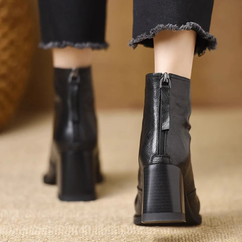 Women's Square Toe Ankle Boots | Block Heel Zipper PU Leather Ankle Boots Axl