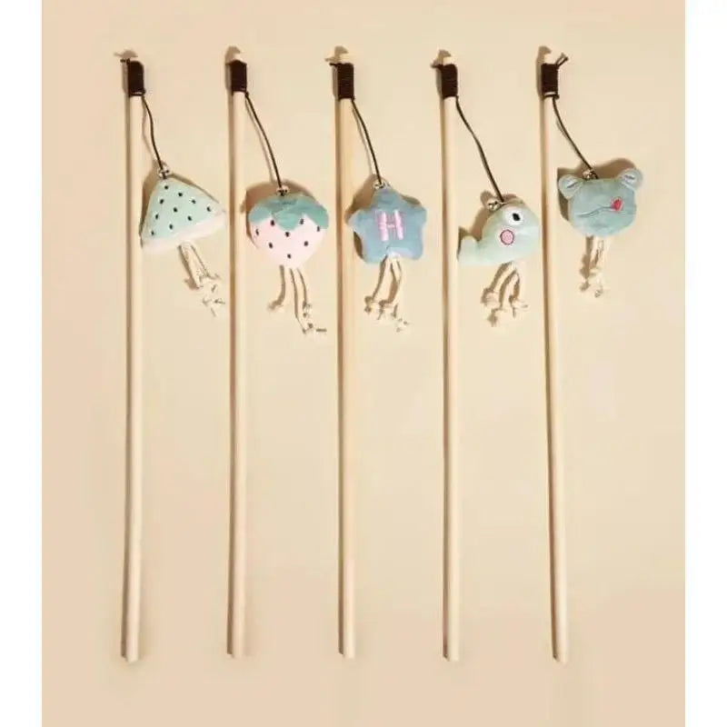 Mouse Shape Wooden Cat Teaser Wand with Feather & Bell Cat Teaser Wand Axl