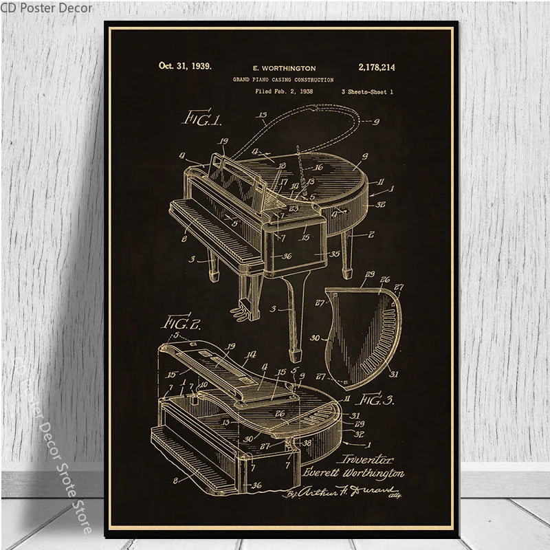 Retro Music Instrument Wall Poster – Trumpet Violin Piano Art Wall Art Poster Axl
