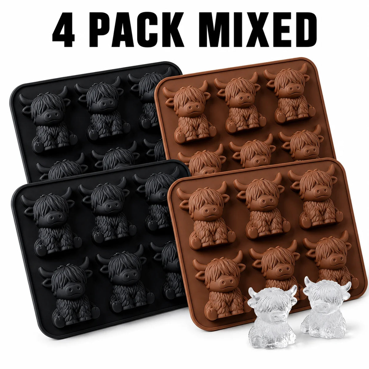 3D Highland Cow Silicone Ice Cube Tray – Yak Mold for Drinks Silicone Ice Cube Tray Axl 4 PACK Mixed