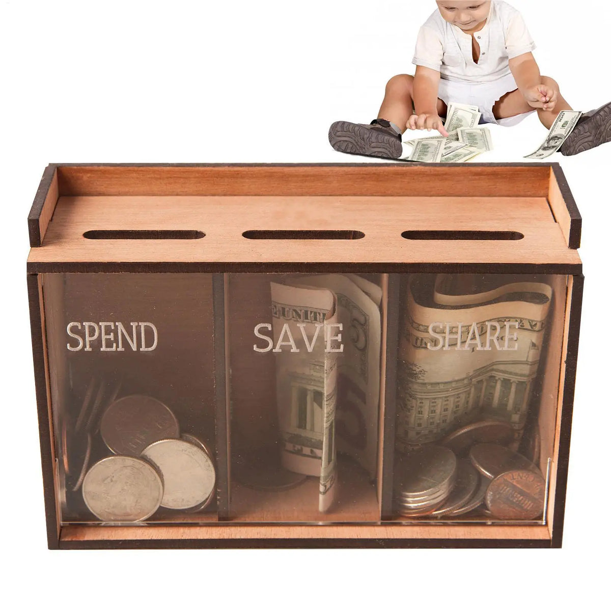 Wooden 3-Compartment Coin Bank Box with Removable Lid Wooden Coin Bank Axl Default Title