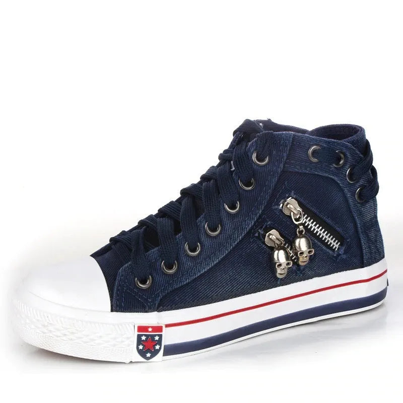 Women's High Top Denim Canvas Sneakers – Lace-Up Flat Shoes High Top Sneakers Axl